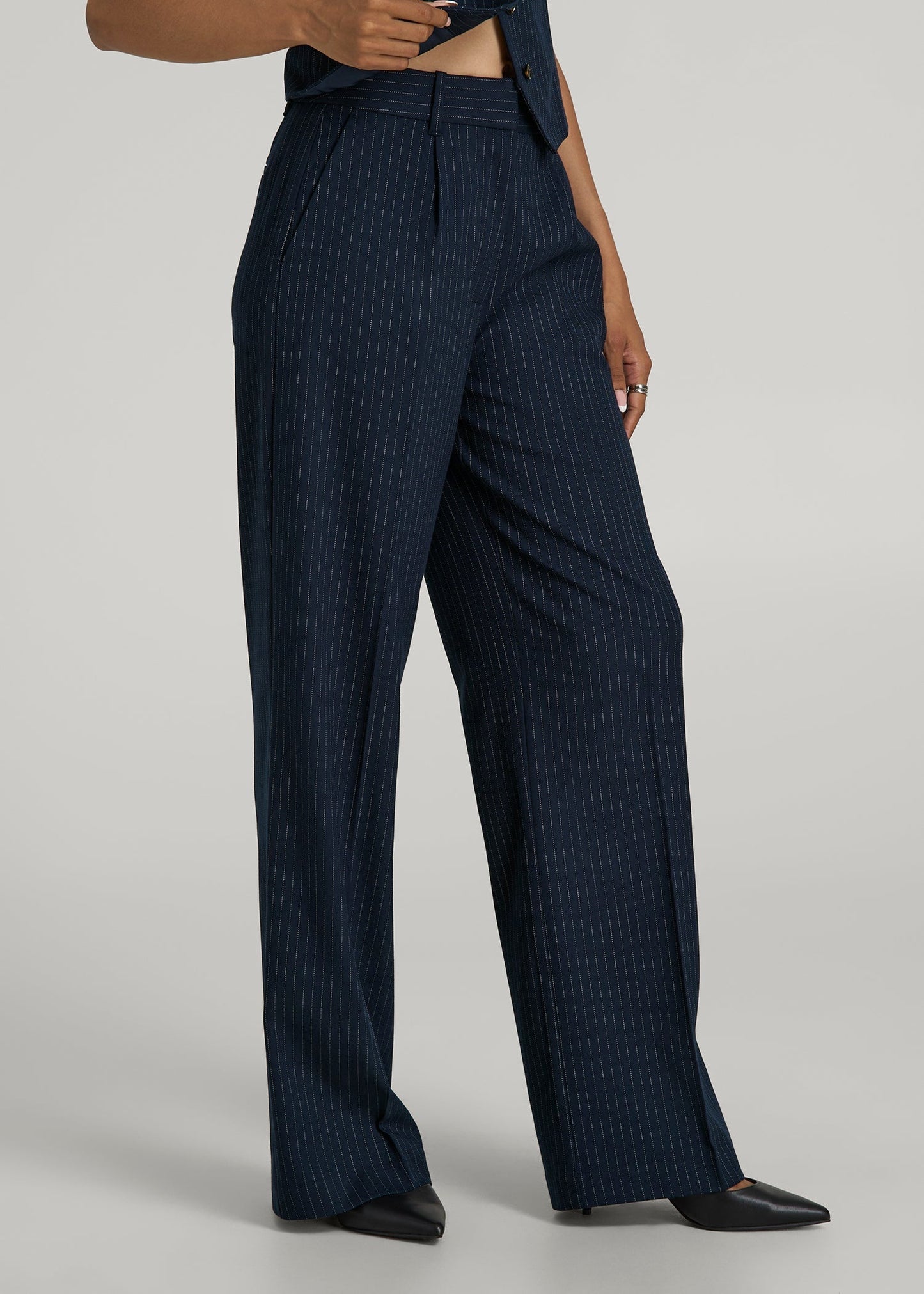 American Tall Women High-Rise Wide-Leg Pleated Dress Pants for Tall Women in Navy Pinstripe