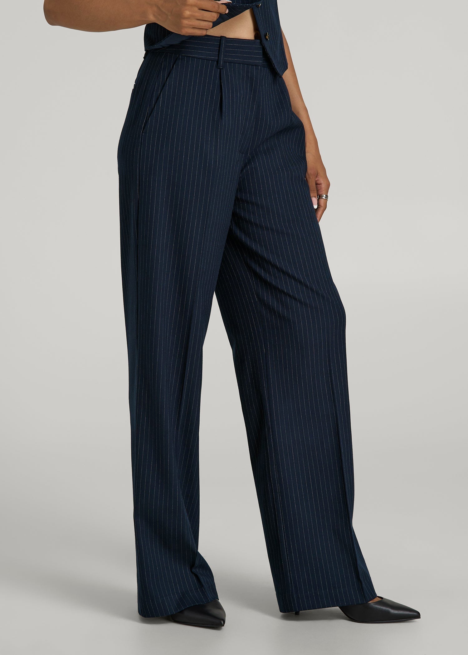 American Tall Women High-Rise Wide-Leg Pleated Dress Pants for Tall Women in Navy Pinstripe