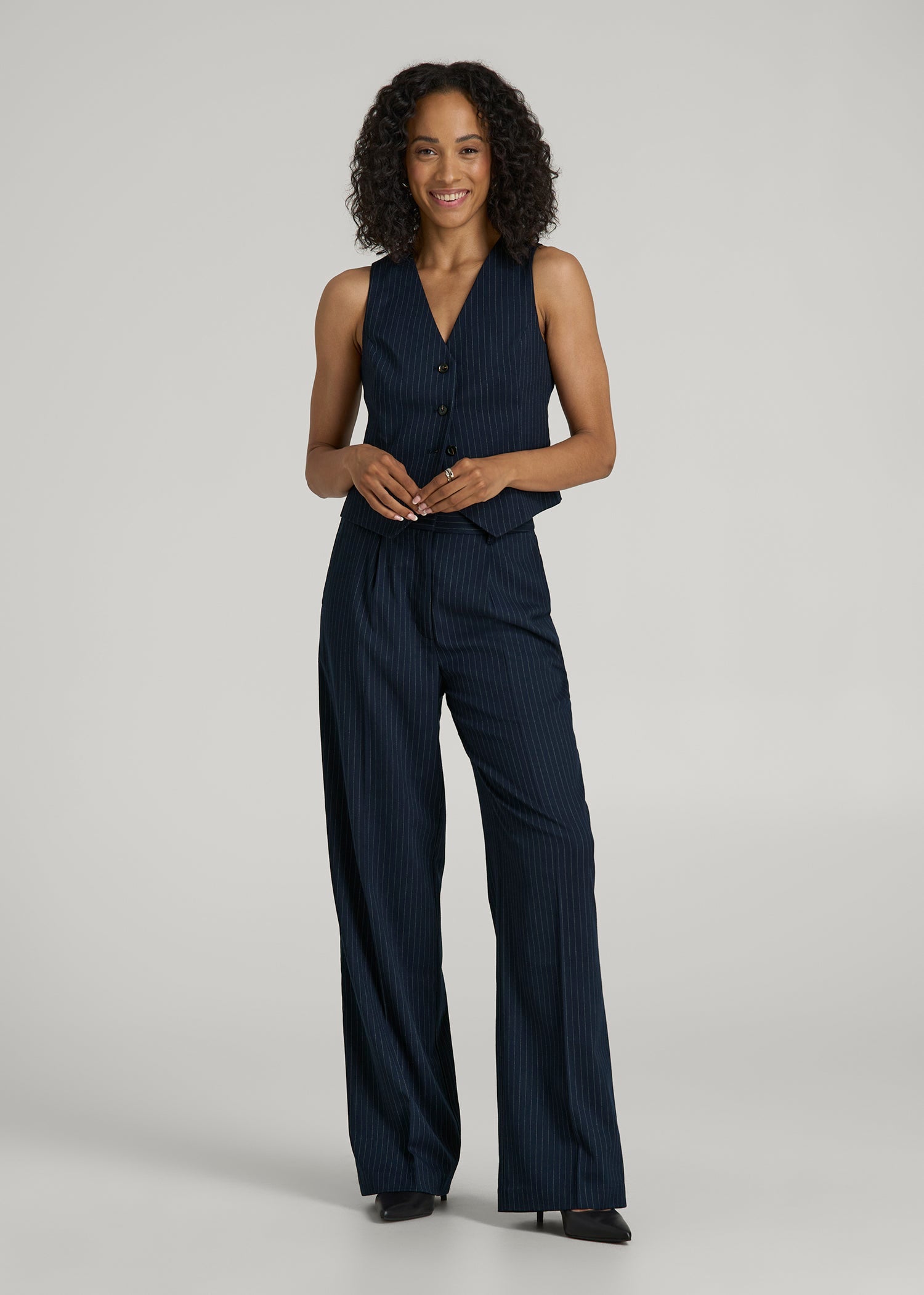American Tall Women High-Rise Wide-Leg Pleated Dress Pants for Tall Women in Navy Pinstripe