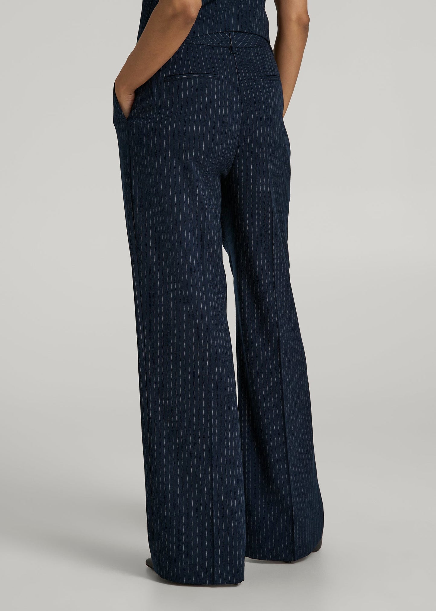 American Tall Women High-Rise Wide-Leg Pleated Dress Pants for Tall Women in Navy Pinstripe