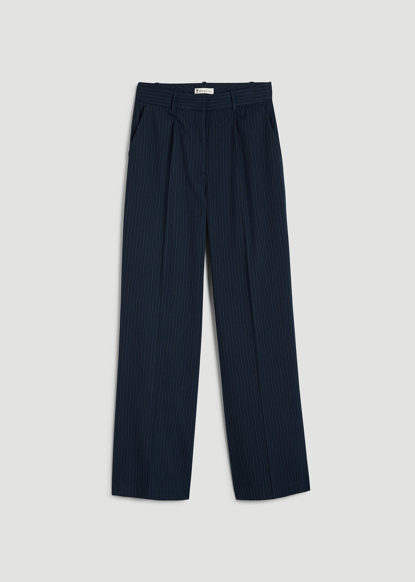 American Tall Women High-Rise Wide-Leg Pleated Dress Pants for Tall Women in Navy Pinstripe