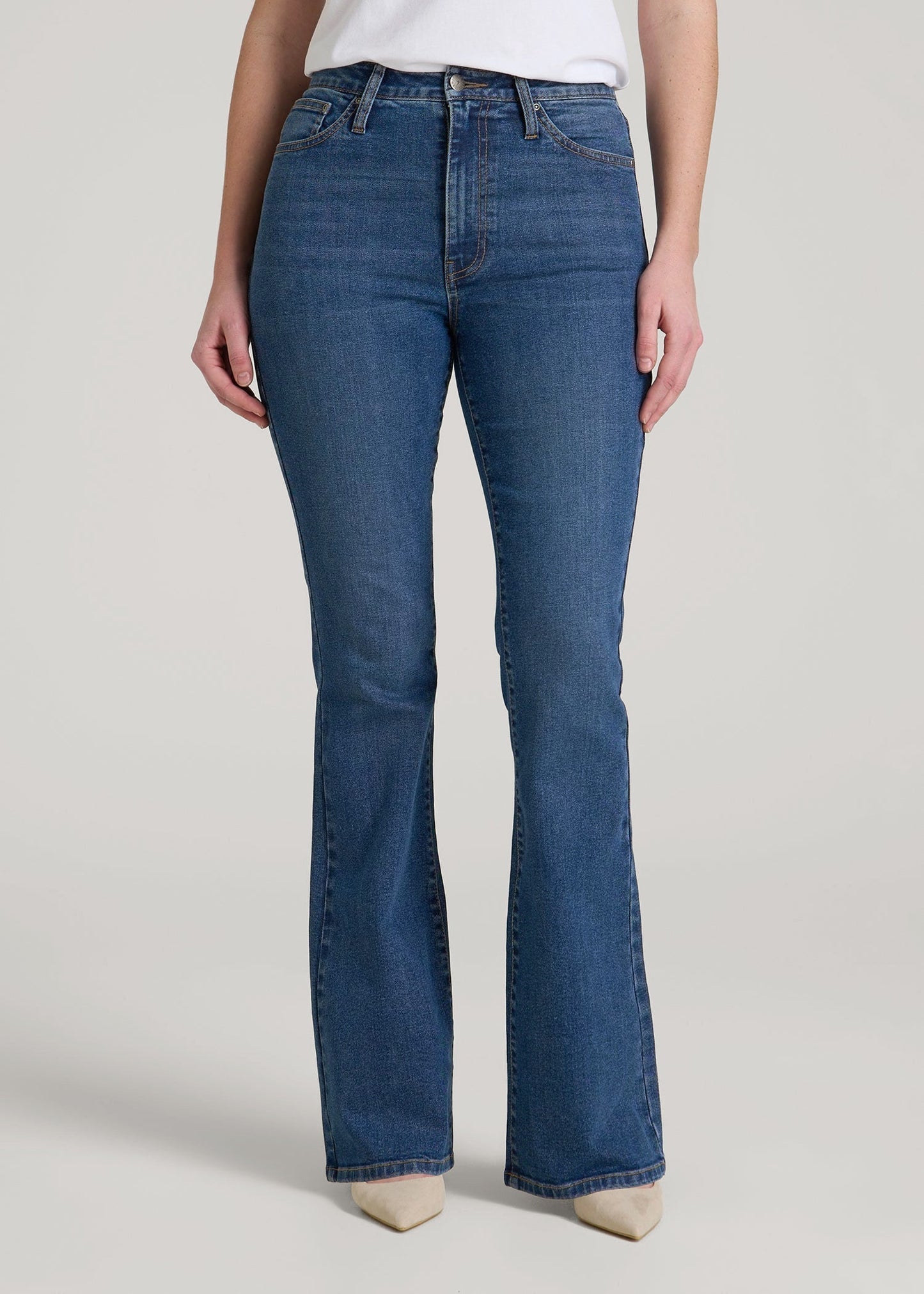 American Tall Women Chloe High Rise Flare Jeans for Tall Women in Stellar Blue Wash