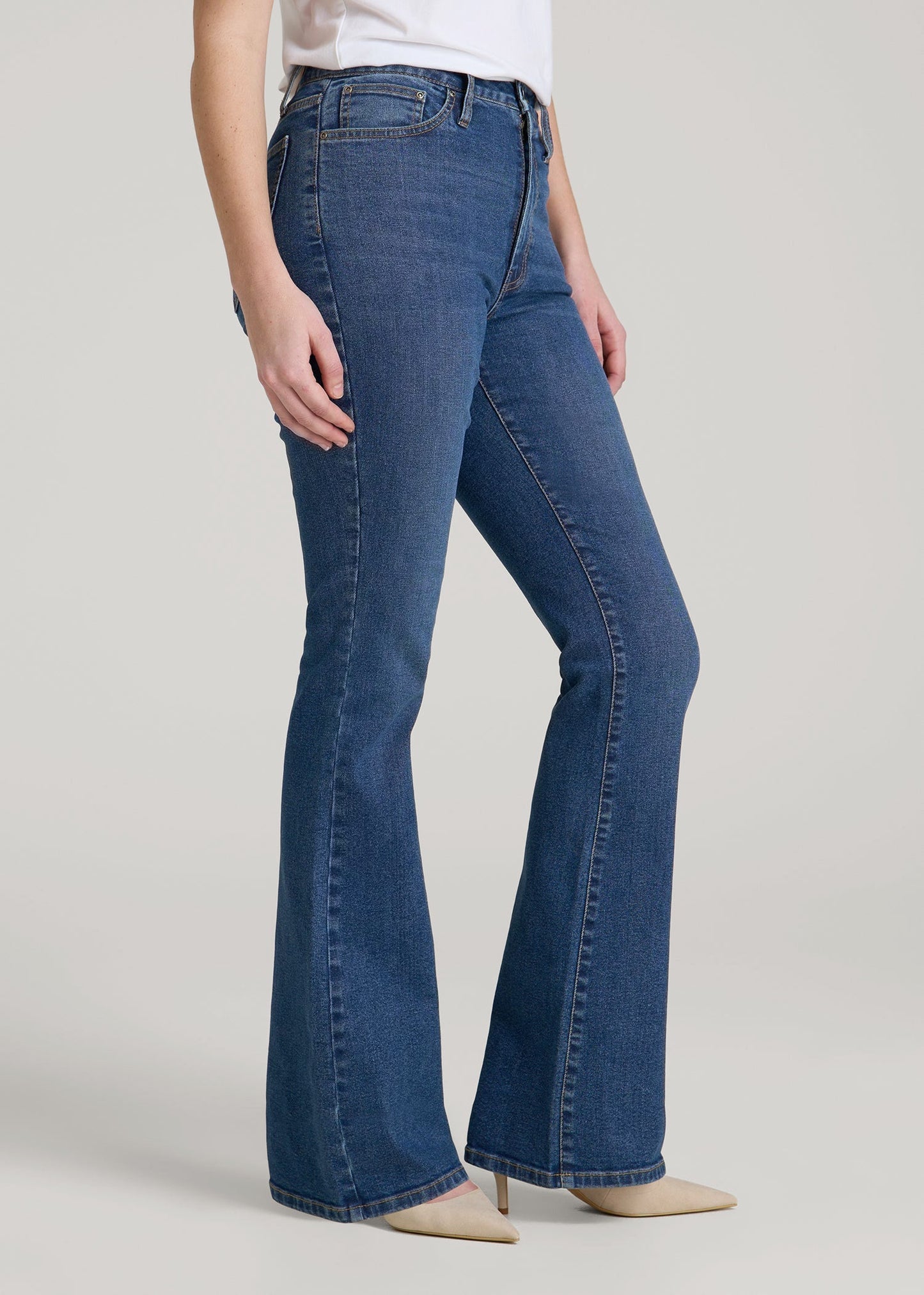 American Tall Women Chloe High Rise Flare Jeans for Tall Women in Stellar Blue Wash