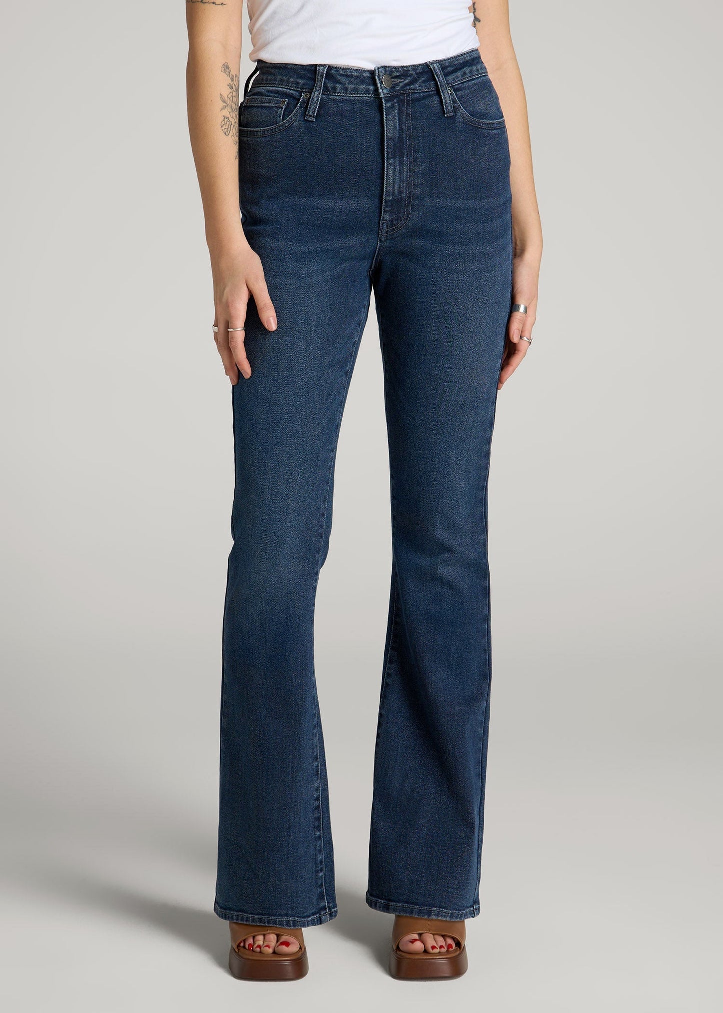 American Tall Women Chloe High Rise Flare Jeans for Tall Women in Faded Dark Indigo
