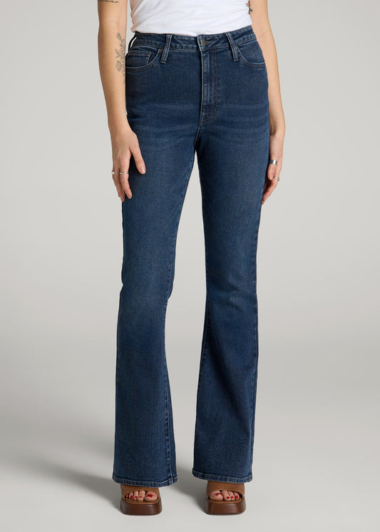 American Tall Women Chloe High Rise Flare Jeans for Tall Women in Faded Dark Indigo