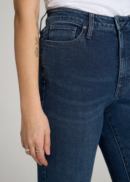 American Tall Women Chloe High Rise Flare Jeans for Tall Women in Faded Dark Indigo
