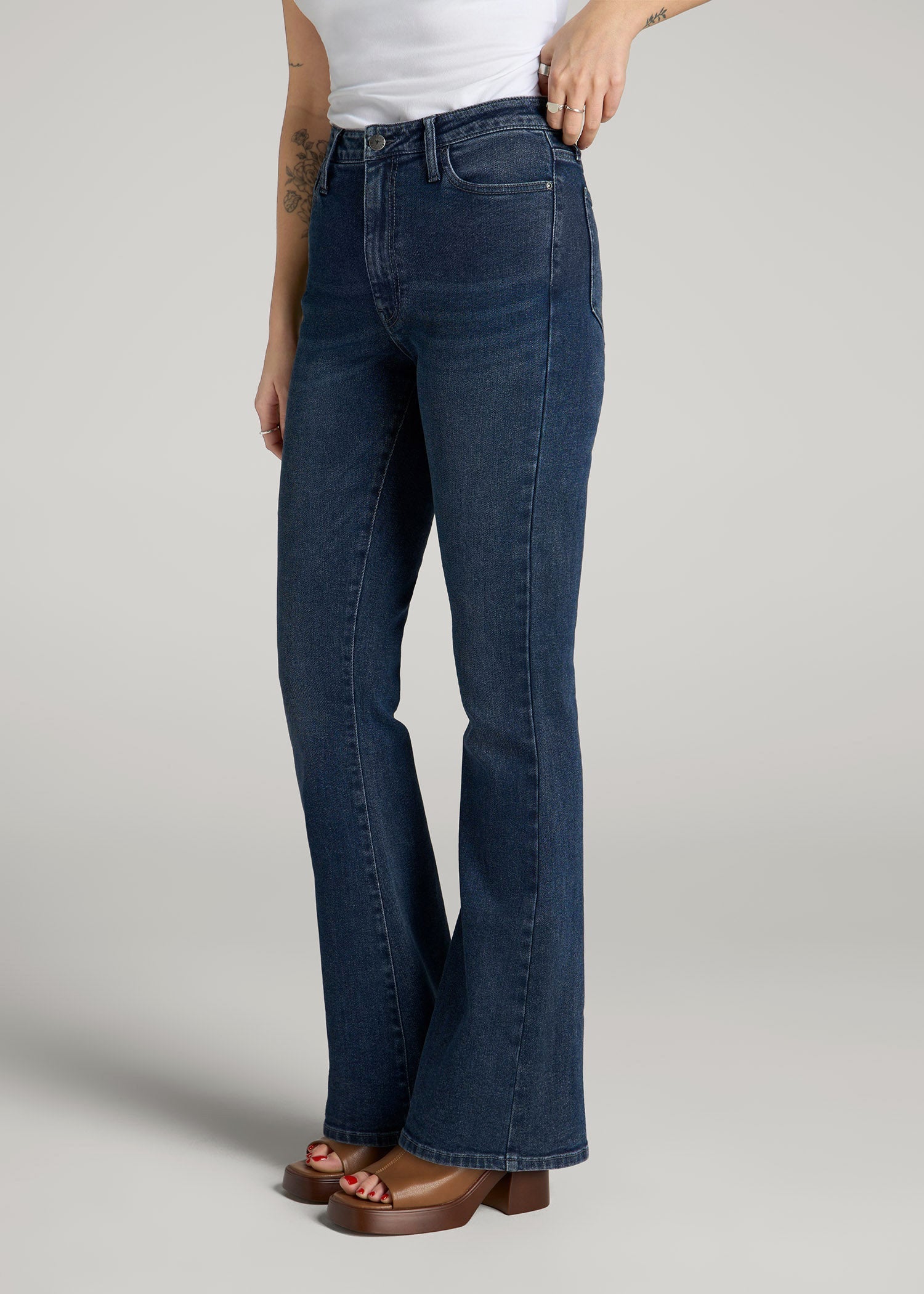 American Tall Women Chloe High Rise Flare Jeans for Tall Women in Faded Dark Indigo