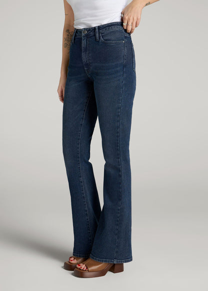 American Tall Women Chloe High Rise Flare Jeans for Tall Women in Faded Dark Indigo