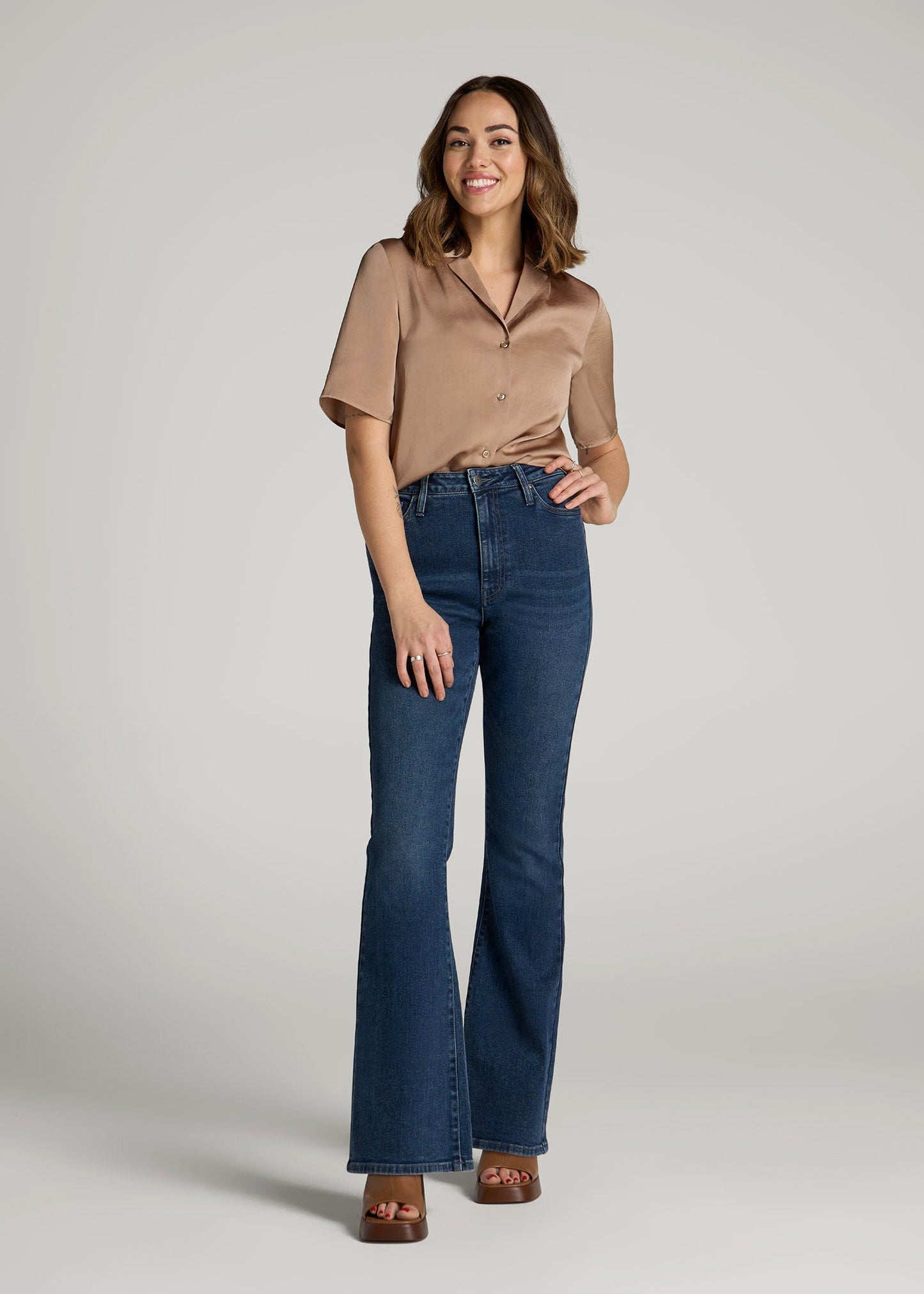 American Tall Women Chloe High Rise Flare Jeans for Tall Women in Faded Dark Indigo