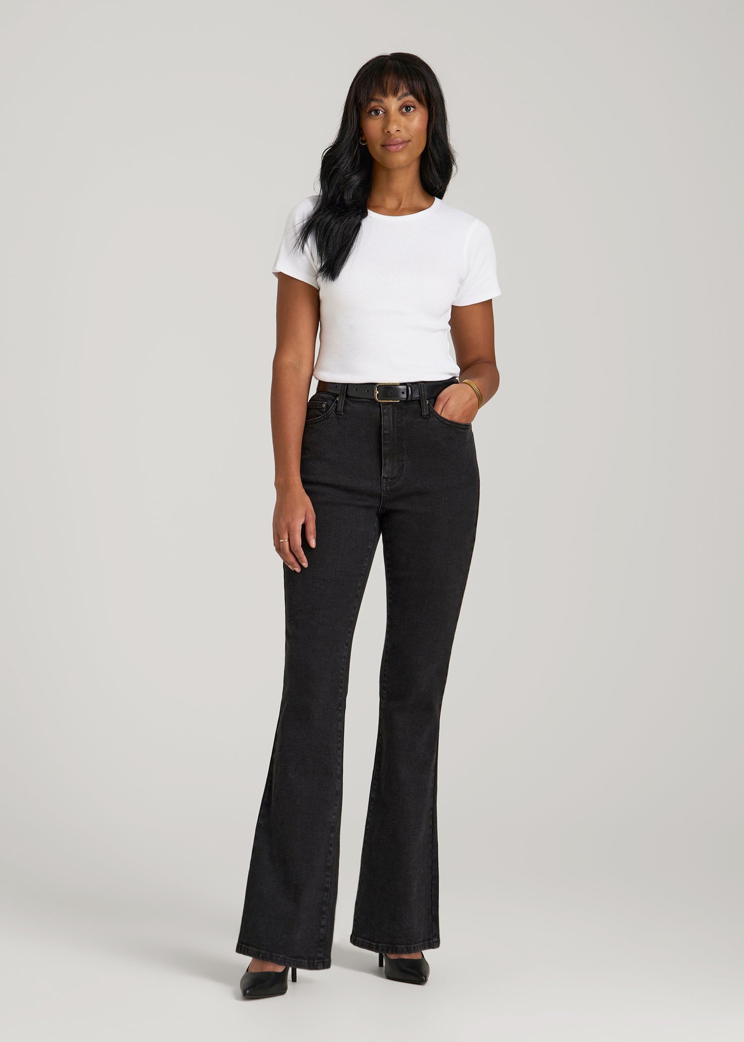 American Tall Women Chloe High Rise Flare Jeans for Tall Women in Onyx Black Wash