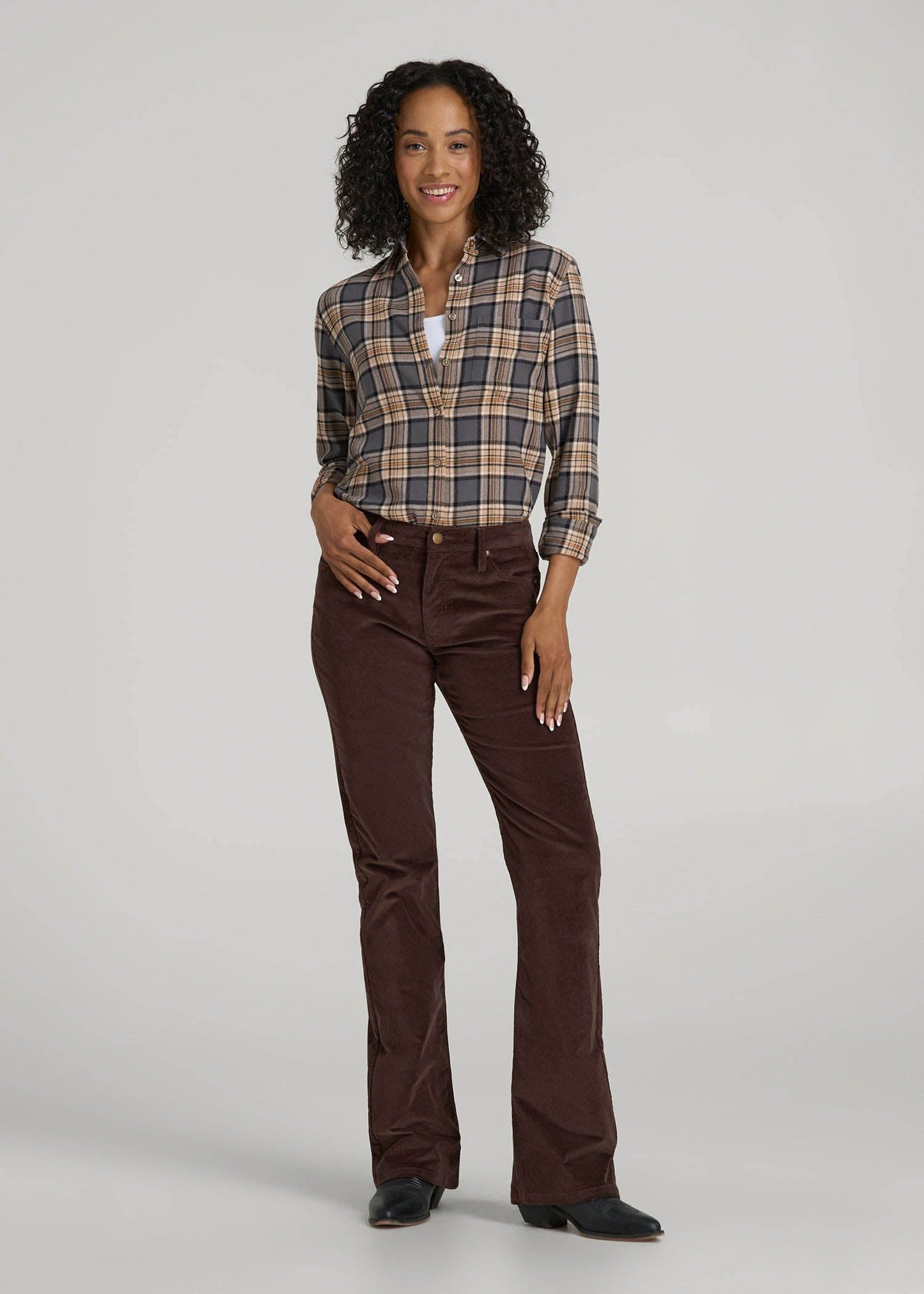 American Tall Women Mid-Rise Mini Bootcut Corduroy Pants for Tall Women in Espresso