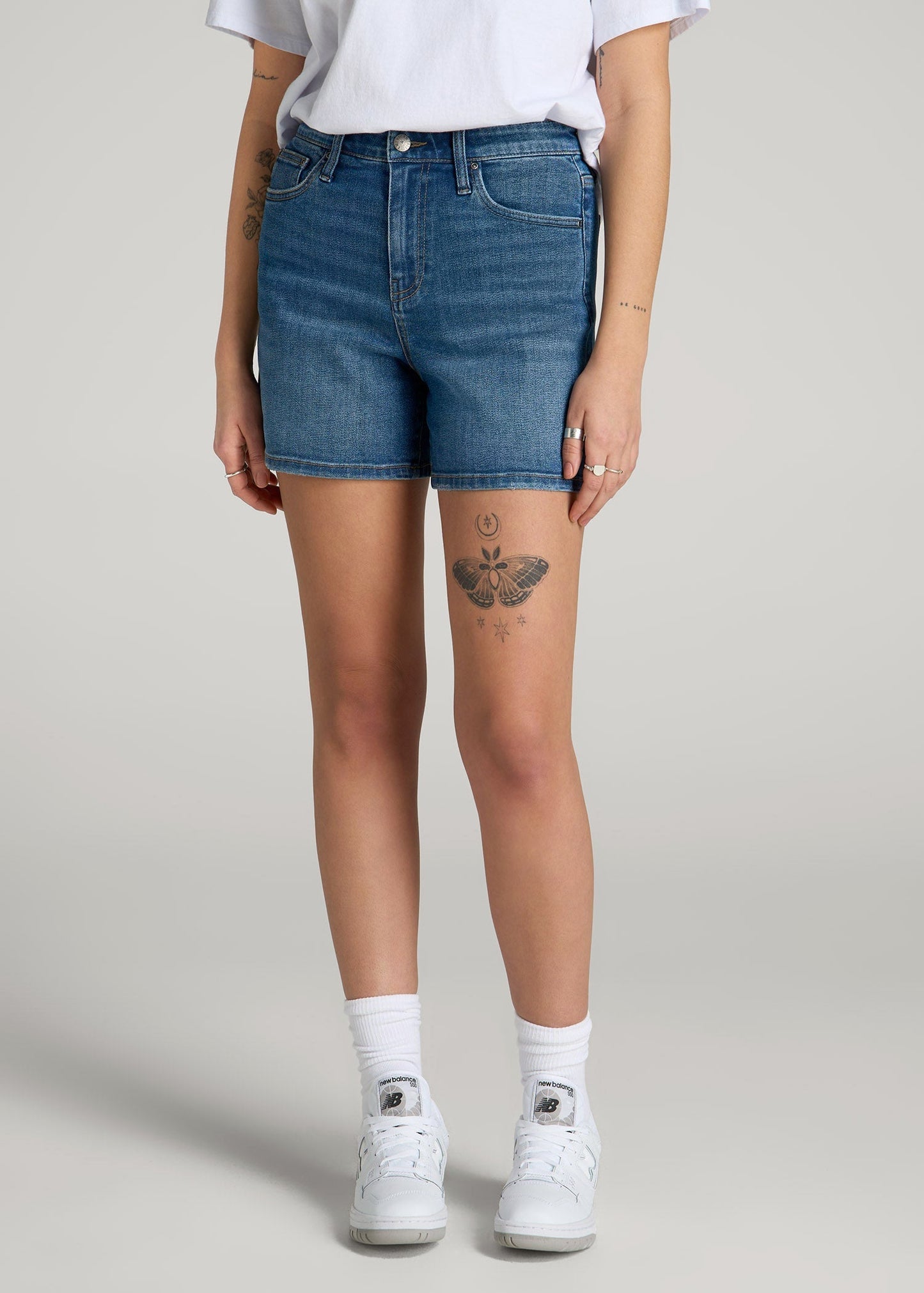 American Tall Women|Men High Rise Denim Shorts for Tall Women in Classic Mid Blue