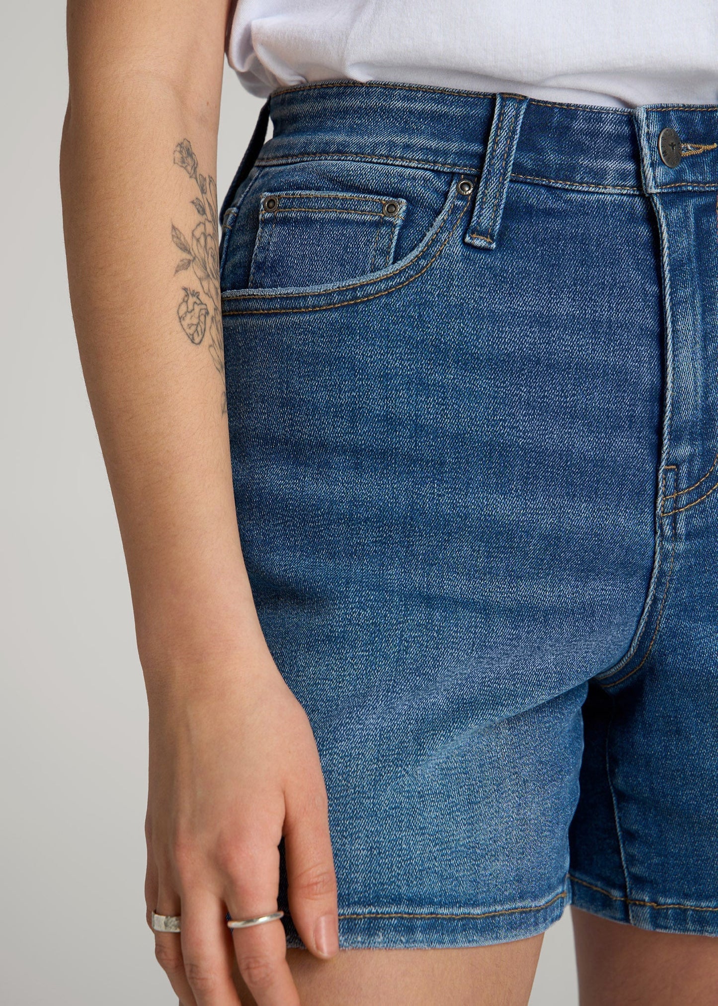 American Tall Women|Men High Rise Denim Shorts for Tall Women in Classic Mid Blue