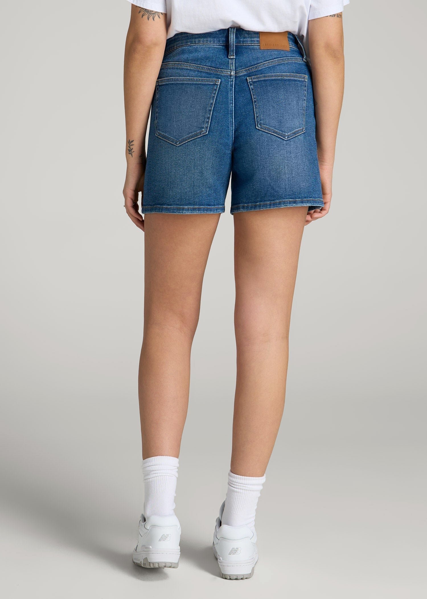 American Tall Women|Men High Rise Denim Shorts for Tall Women in Classic Mid Blue