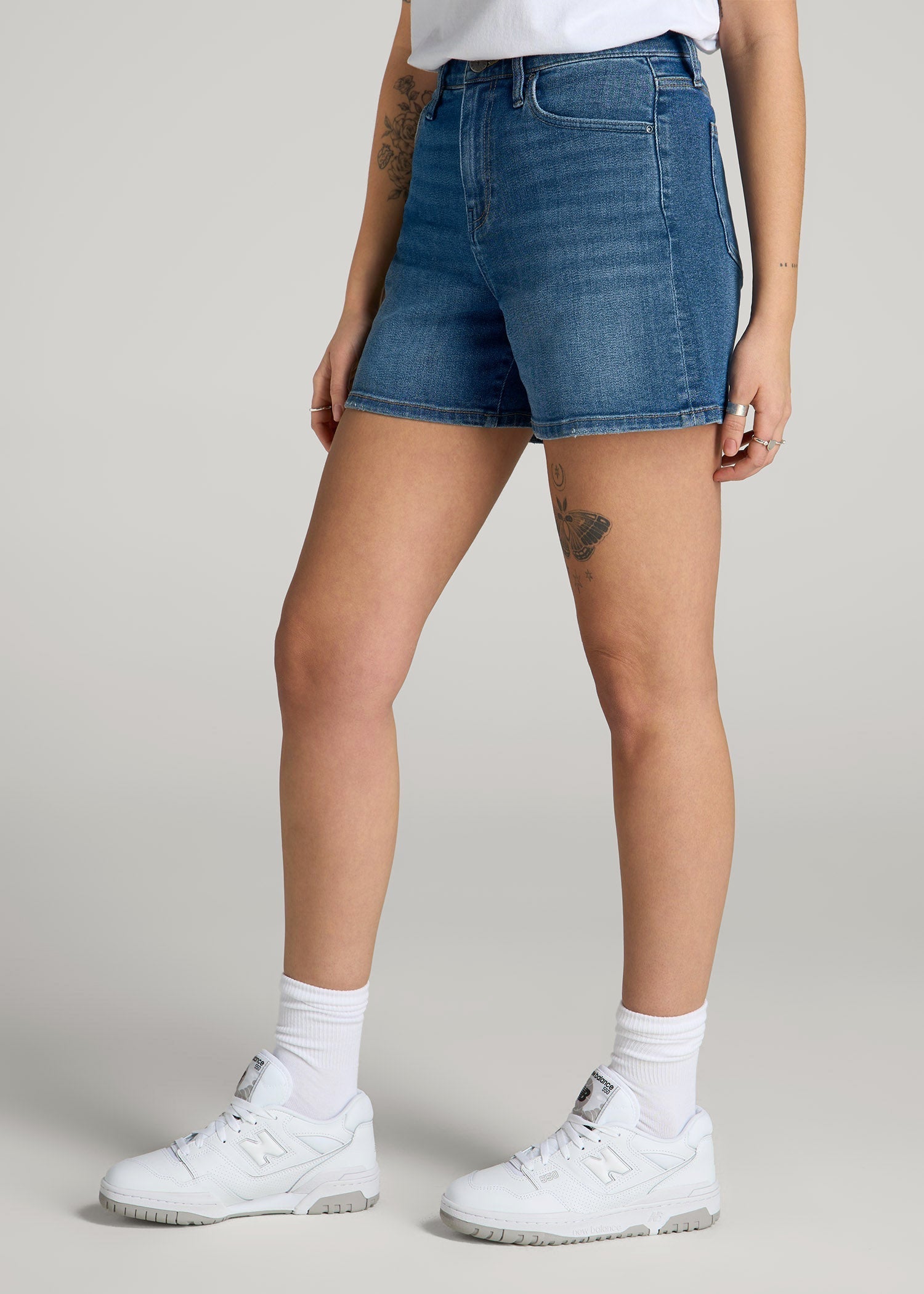 American Tall Women|Men High Rise Denim Shorts for Tall Women in Classic Mid Blue