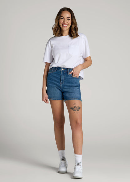 American Tall Women|Men High Rise Denim Shorts for Tall Women in Classic Mid Blue