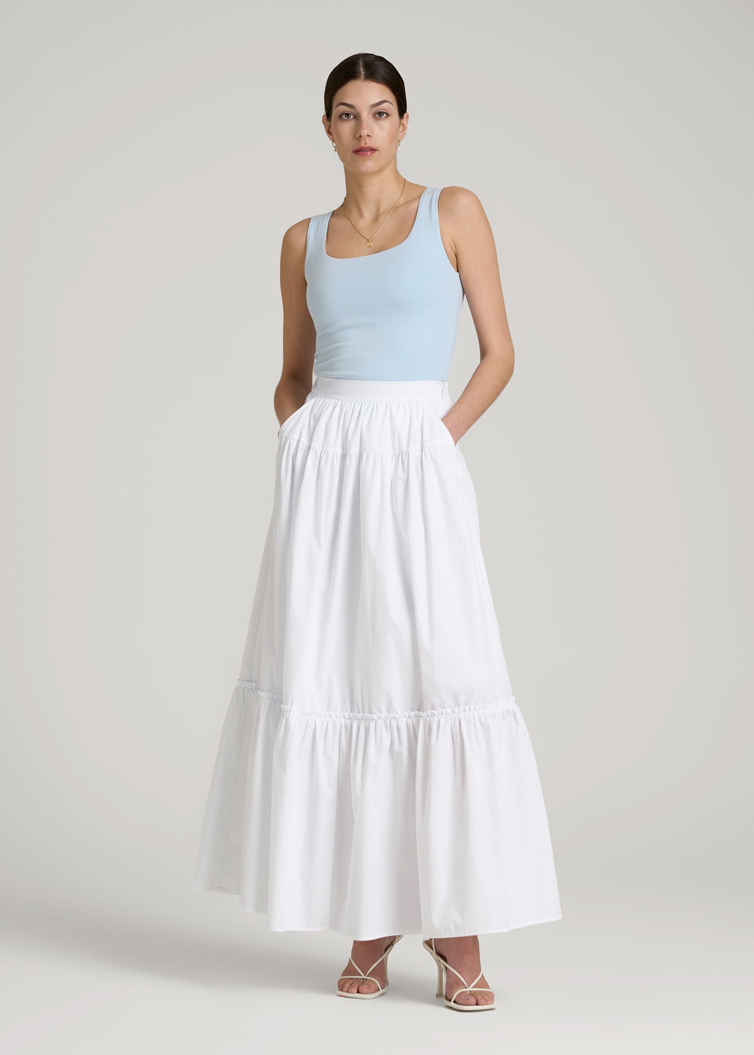 American Tall Women Tiered Cotton Maxi Skirt for Tall Women in White
