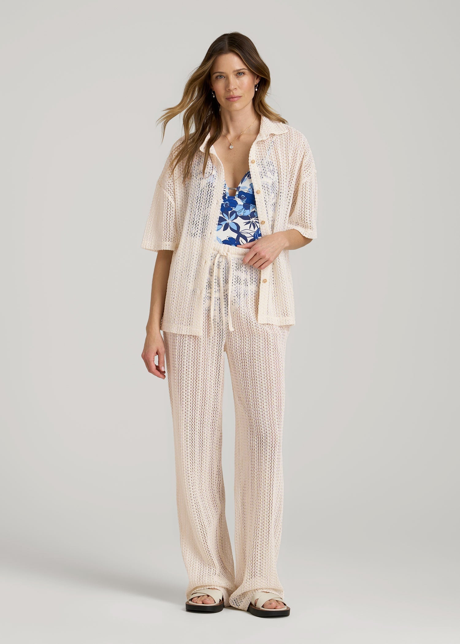 American Tall Women Openwork Knit Pants for Tall Women in Natural