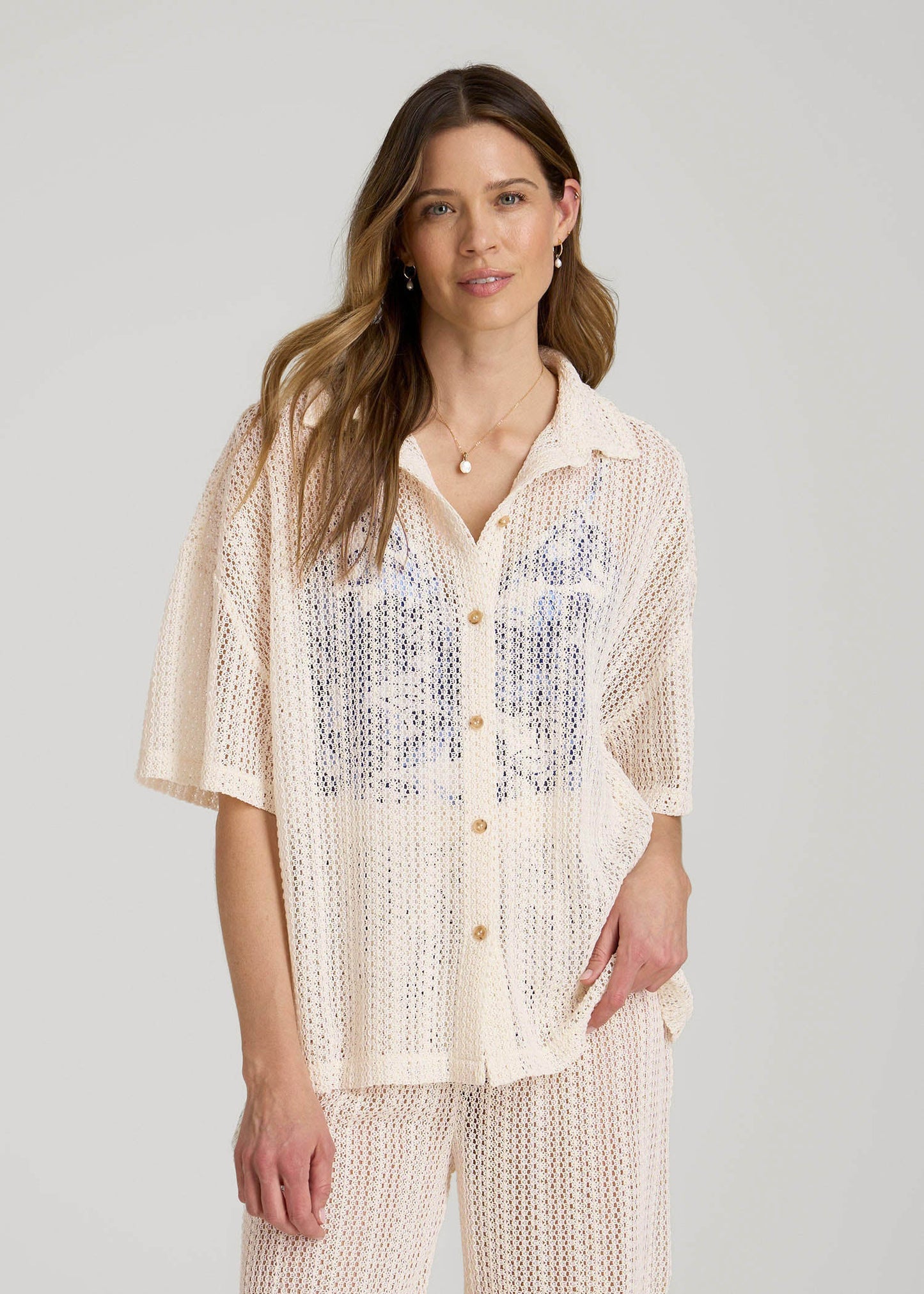 American Tall Women Openwork Loose Knit Top for Tall Women in Natural