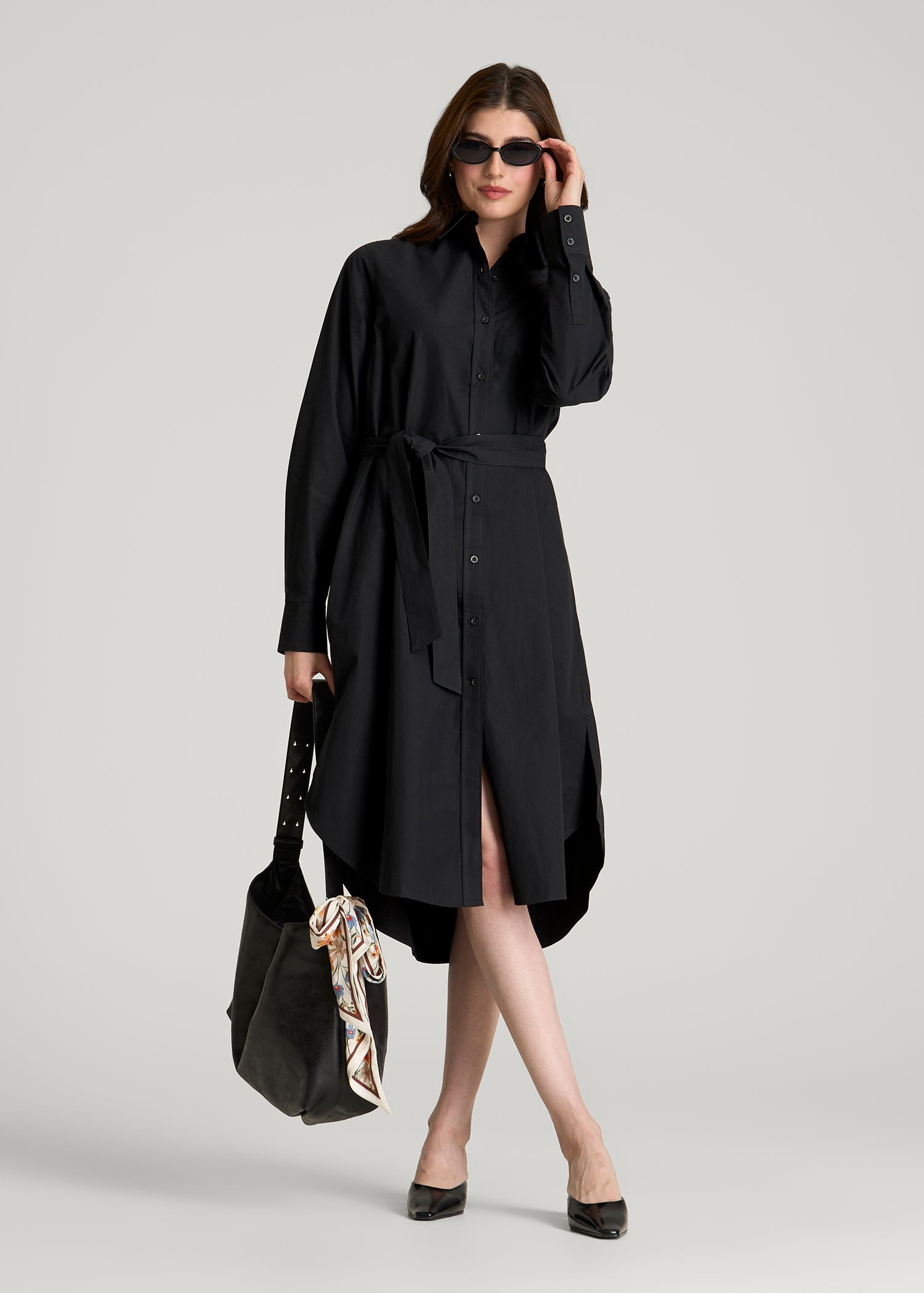 American Tall Women Relaxed Poplin Shirtdress for Tall Women in Black