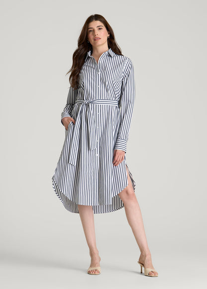 American Tall Women Relaxed Poplin Shirtdress for Tall Women in White and Navy Stripe