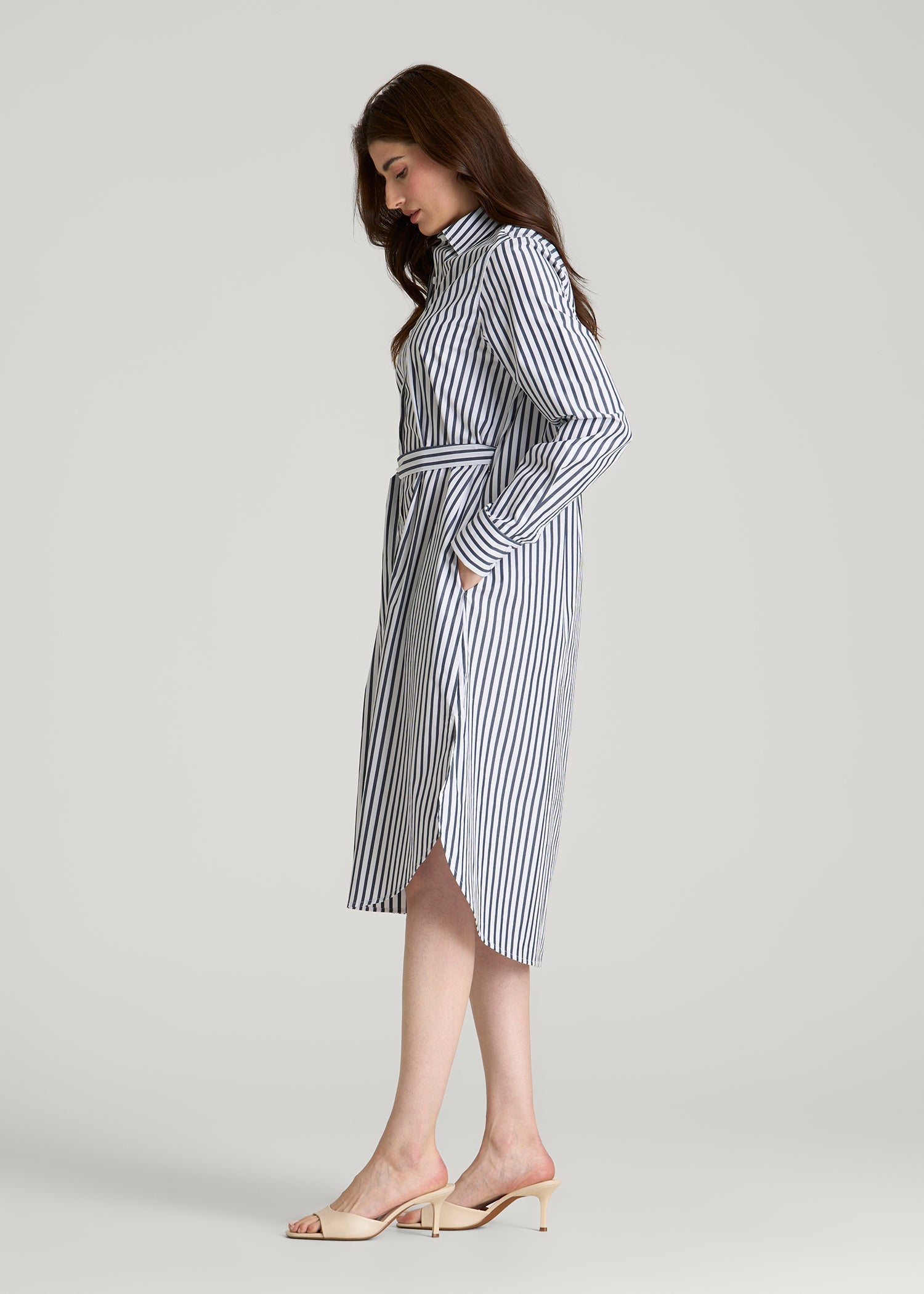 American Tall Women Relaxed Poplin Shirtdress for Tall Women in White and Navy Stripe