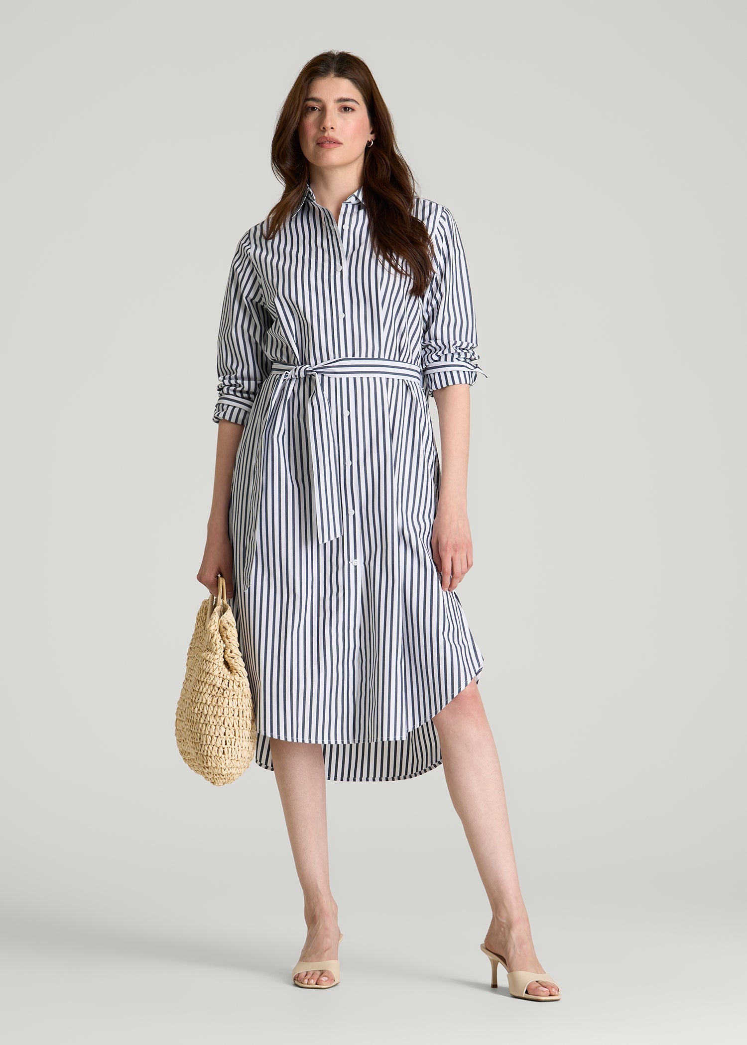 American Tall Women Relaxed Poplin Shirtdress for Tall Women in White and Navy Stripe
