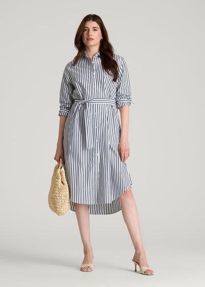 American Tall Women Relaxed Poplin Shirtdress for Tall Women in White and Navy Stripe