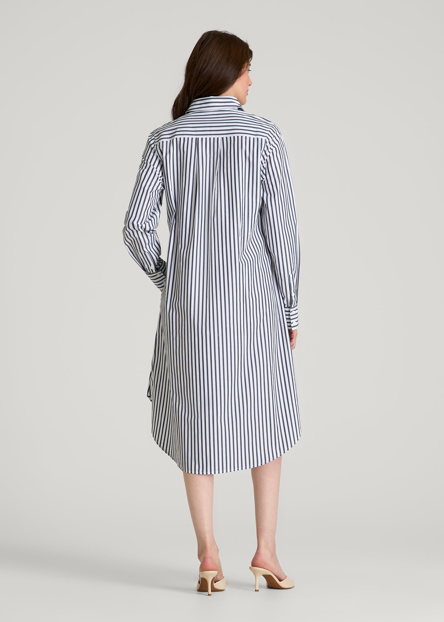 American Tall Women Relaxed Poplin Shirtdress for Tall Women in White and Navy Stripe