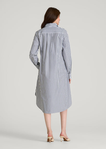 American Tall Women Relaxed Poplin Shirtdress for Tall Women in White and Navy Stripe