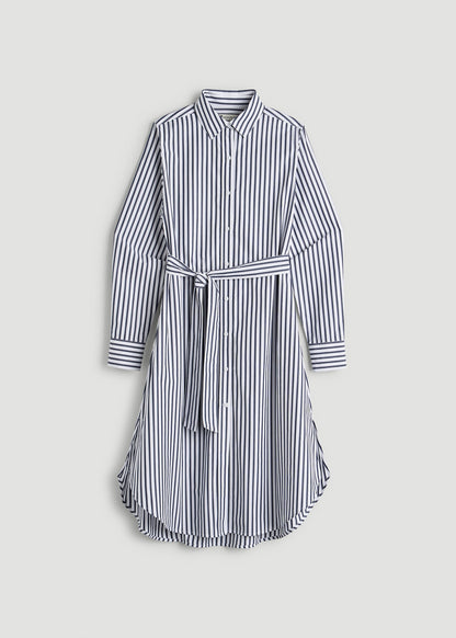 American Tall Women Relaxed Poplin Shirtdress for Tall Women in White and Navy Stripe