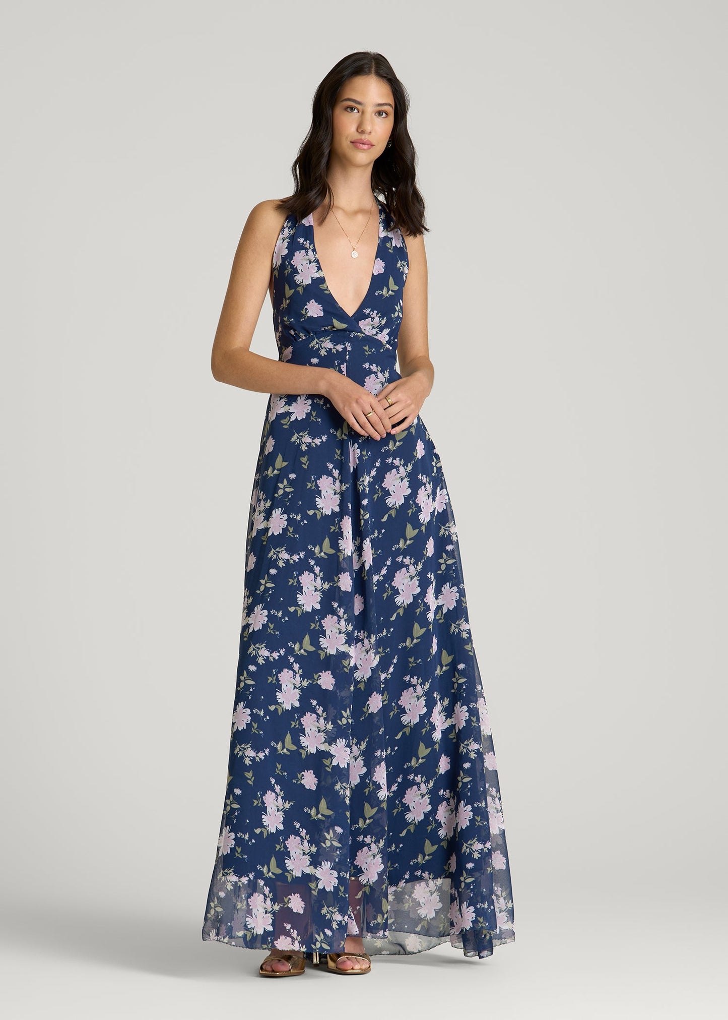 American Tall Women Chiffon Maxi Halter Garden Dress for Tall Women in Dark Navy Floral