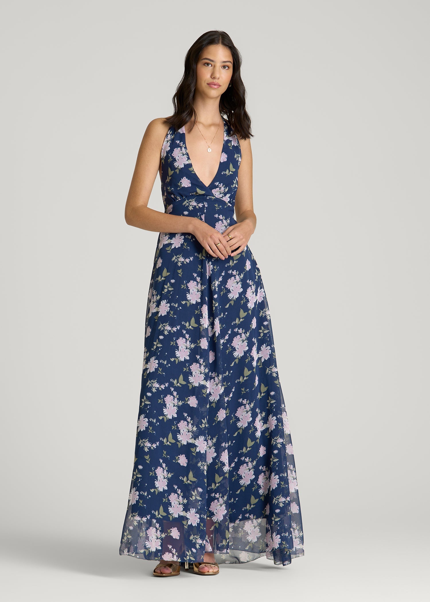 American Tall Women Chiffon Maxi Halter Garden Dress for Tall Women in Dark Navy Floral
