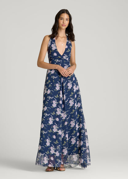 American Tall Women Chiffon Maxi Halter Garden Dress for Tall Women in Dark Navy Floral