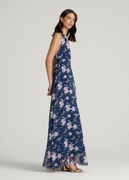 American Tall Women Chiffon Maxi Halter Garden Dress for Tall Women in Dark Navy Floral