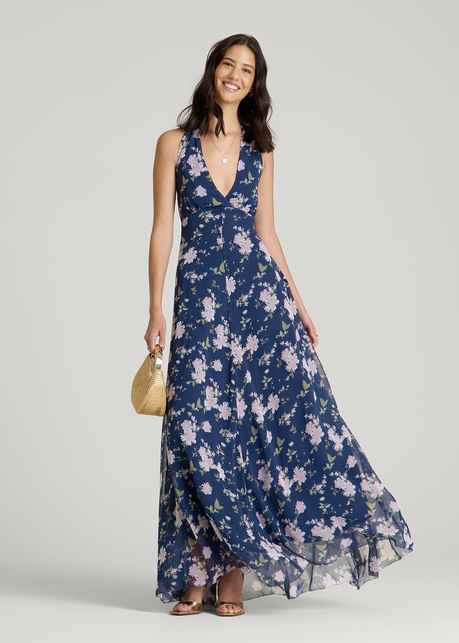 American Tall Women Chiffon Maxi Halter Garden Dress for Tall Women in Dark Navy Floral