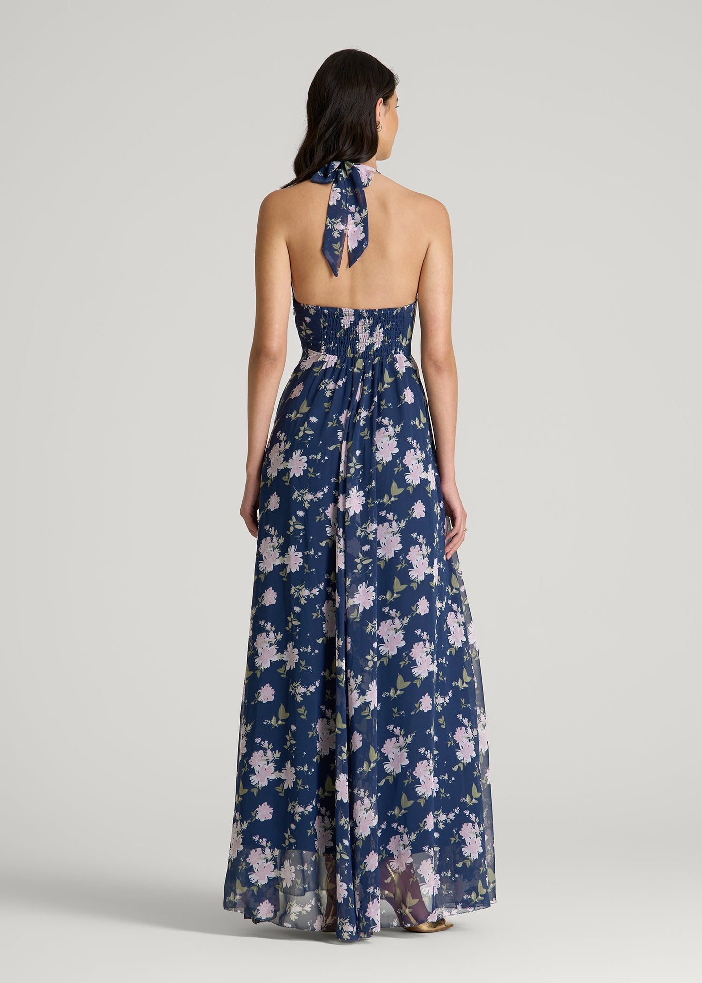 American Tall Women Chiffon Maxi Halter Garden Dress for Tall Women in Dark Navy Floral