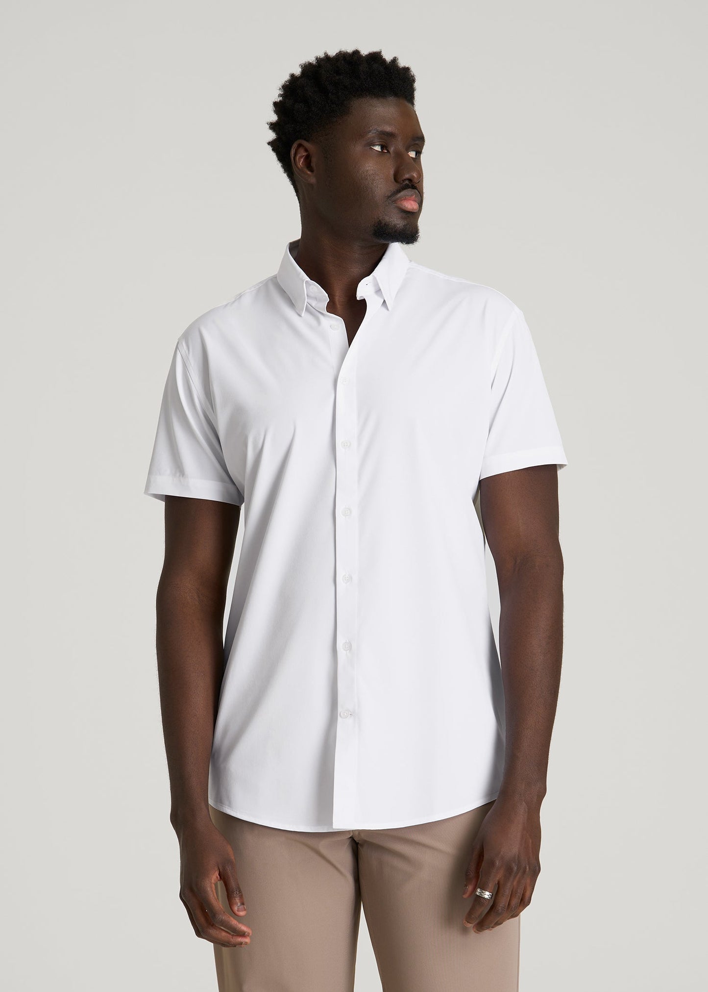 American Tall Men Short Sleeve Traveler Stretch Button Shirt for Tall Men in White