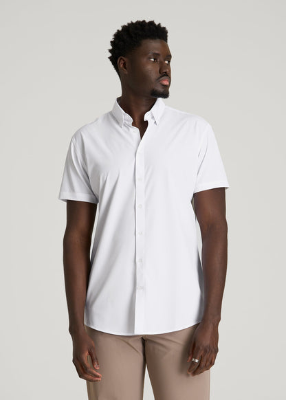 American Tall Men Short Sleeve Traveler Stretch Button Shirt for Tall Men in White