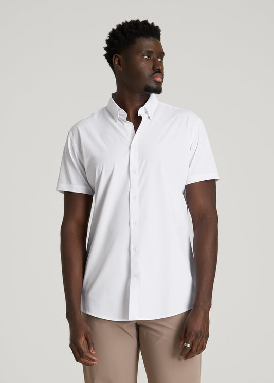 American Tall Men Short Sleeve Traveler Stretch Button Shirt for Tall Men in White