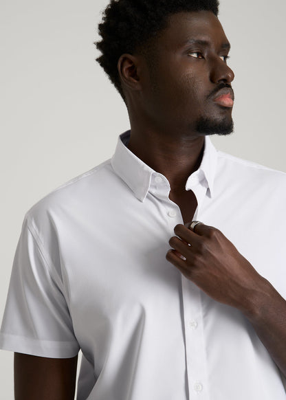 American Tall Men Short Sleeve Traveler Stretch Button Shirt for Tall Men in White