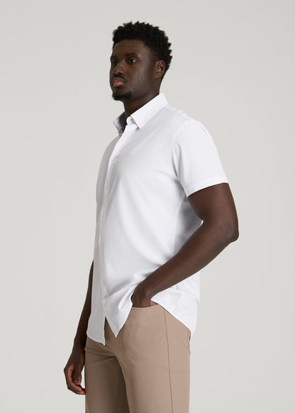 American Tall Men Short Sleeve Traveler Stretch Button Shirt for Tall Men in White