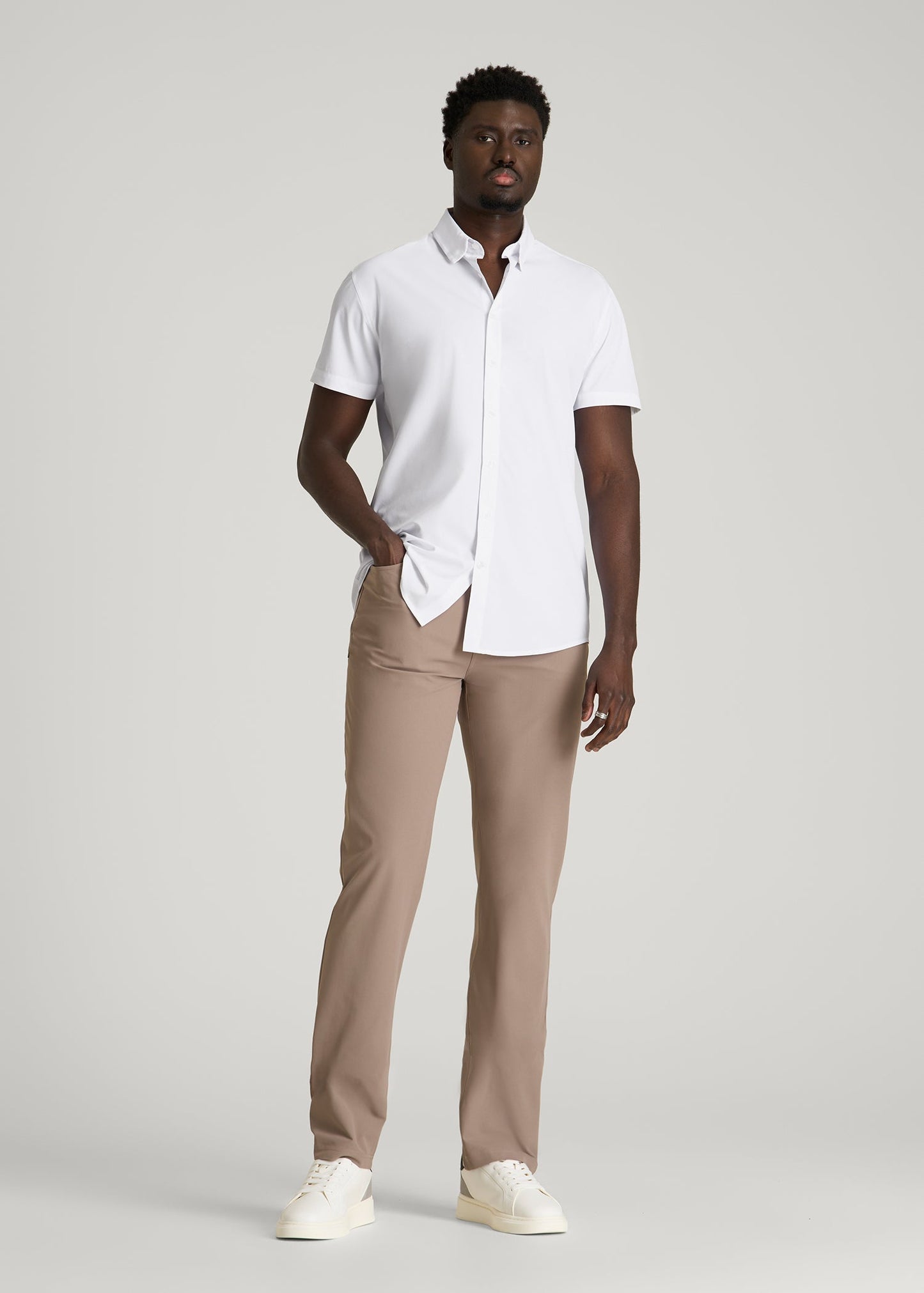 American Tall Men Short Sleeve Traveler Stretch Button Shirt for Tall Men in White