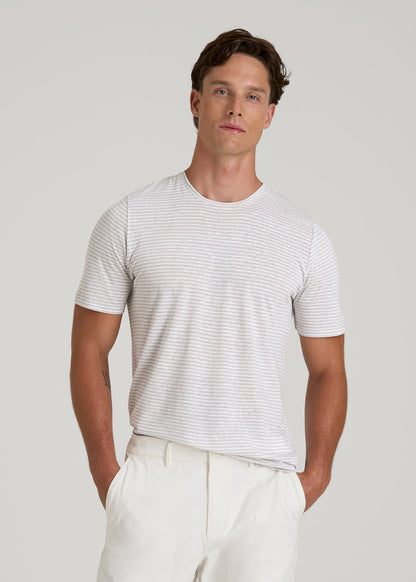 American Tall Men Linen Crewneck T-Shirt for Tall Men in Grey and White Mini Stripe