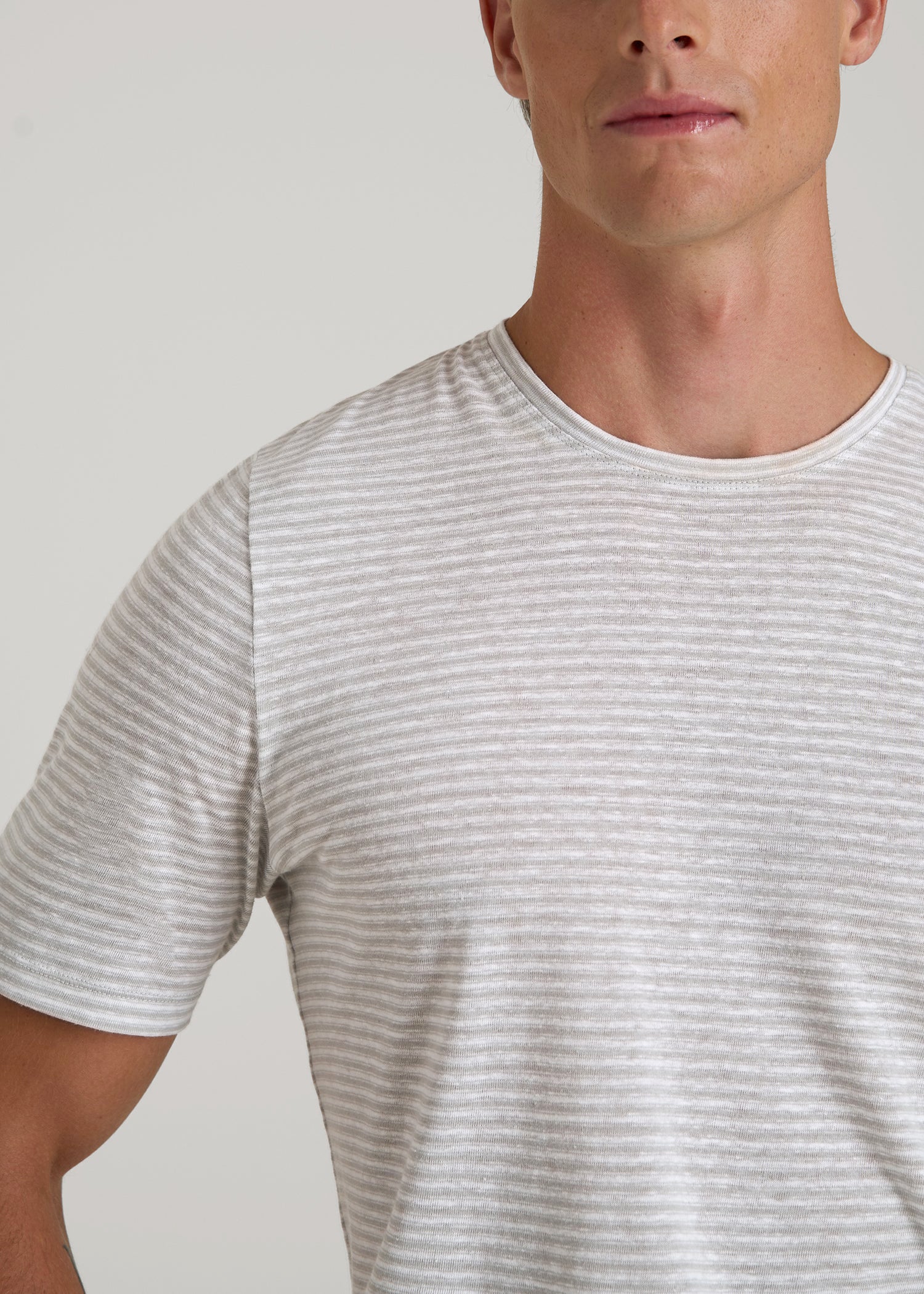 American Tall Men Linen Crewneck T-Shirt for Tall Men in Grey and White Mini Stripe