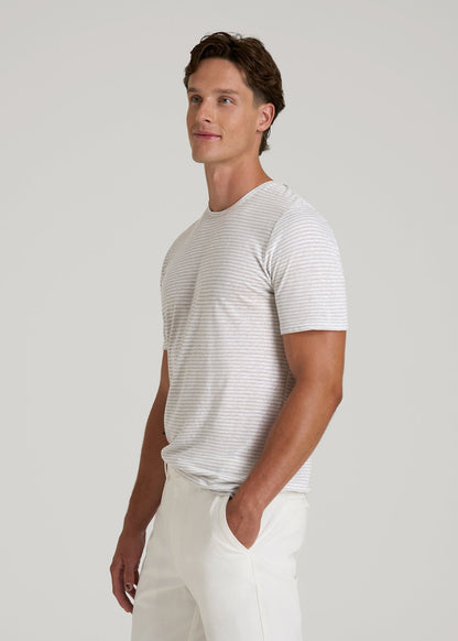 American Tall Men Linen Crewneck T-Shirt for Tall Men in Grey and White Mini Stripe