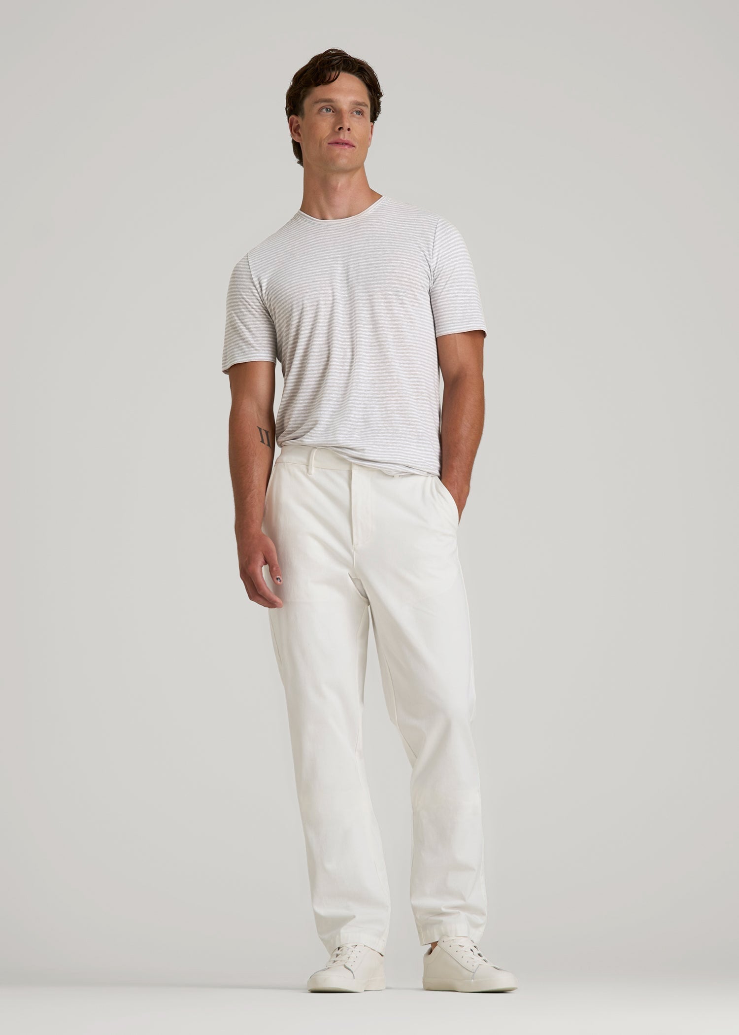 American Tall Men Linen Crewneck T-Shirt for Tall Men in Grey and White Mini Stripe