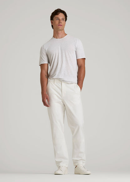 American Tall Men Linen Crewneck T-Shirt for Tall Men in Grey and White Mini Stripe