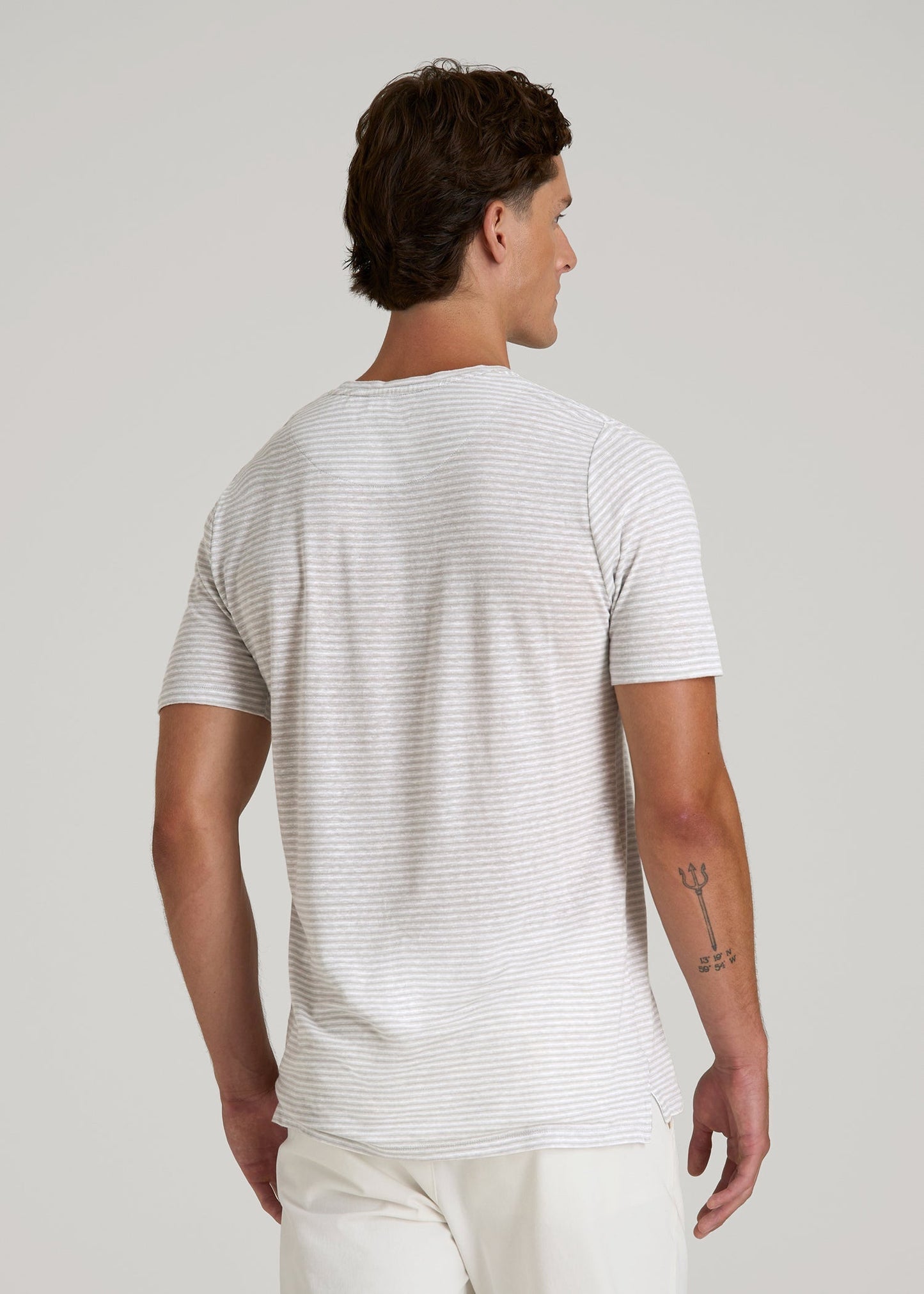American Tall Men Linen Crewneck T-Shirt for Tall Men in Grey and White Mini Stripe