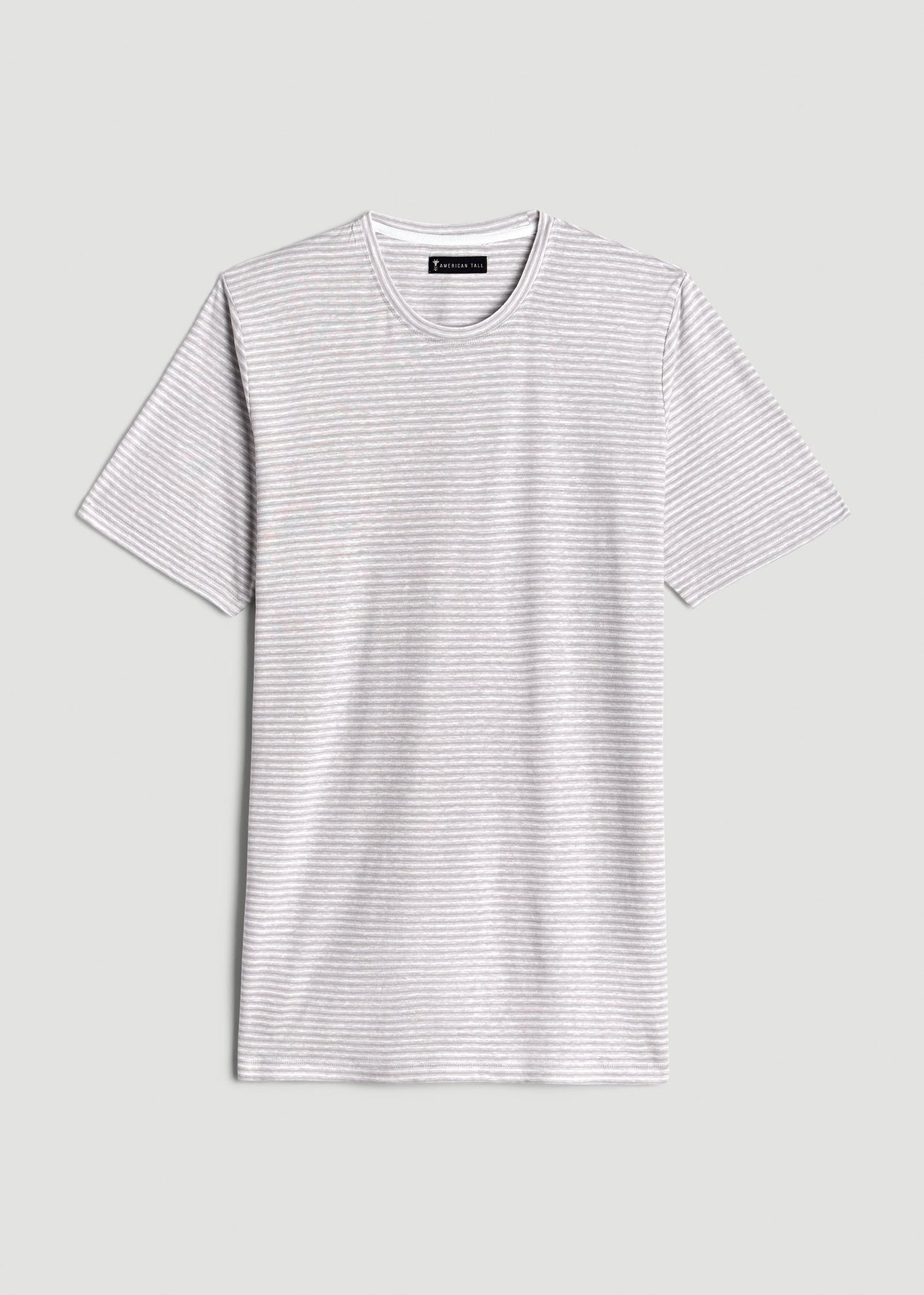 American Tall Men Linen Crewneck T-Shirt for Tall Men in Grey and White Mini Stripe